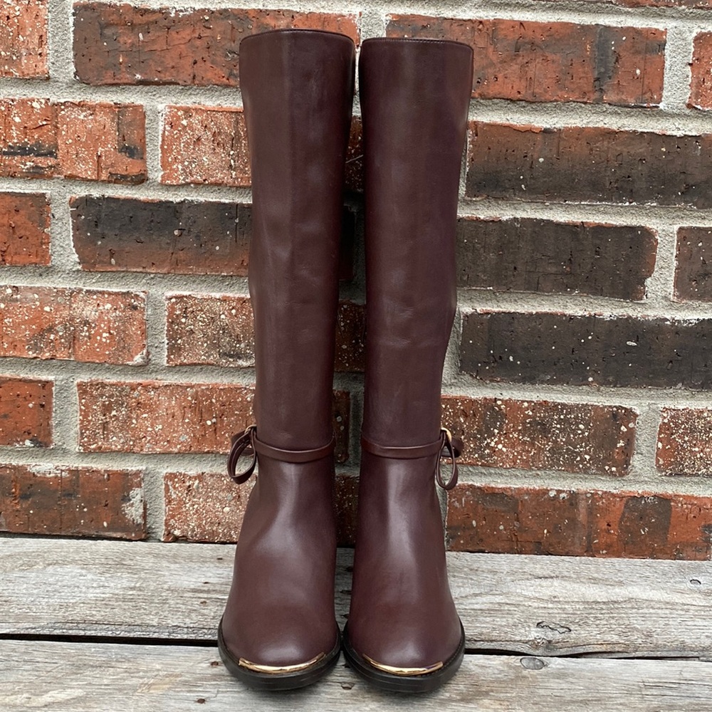 Nannette Lepore “”Margaux” Cordovan Brown Leather Knee High Riding Boots